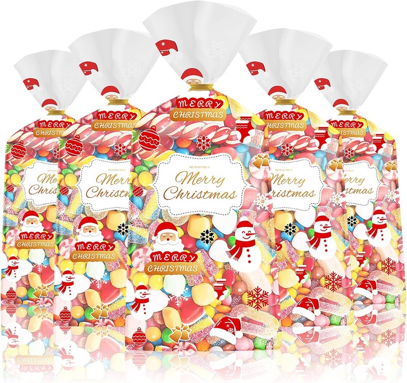 Litmitfu 50 Pcs Christmas Treat Bags - Merry Christmas Gift Bags Bulk, Plastic Santa Claus Snowman Christma Cellophane Cello Candy Cookie Goodie Bag with Twist Ties for Winter Xmas Christmass Party Favors - Image 1